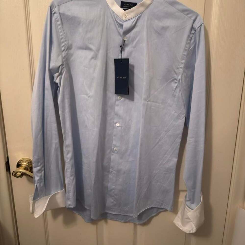 Zara Man Slim Fit Dress Shirt Size L Light Blue White Collar Cuffs